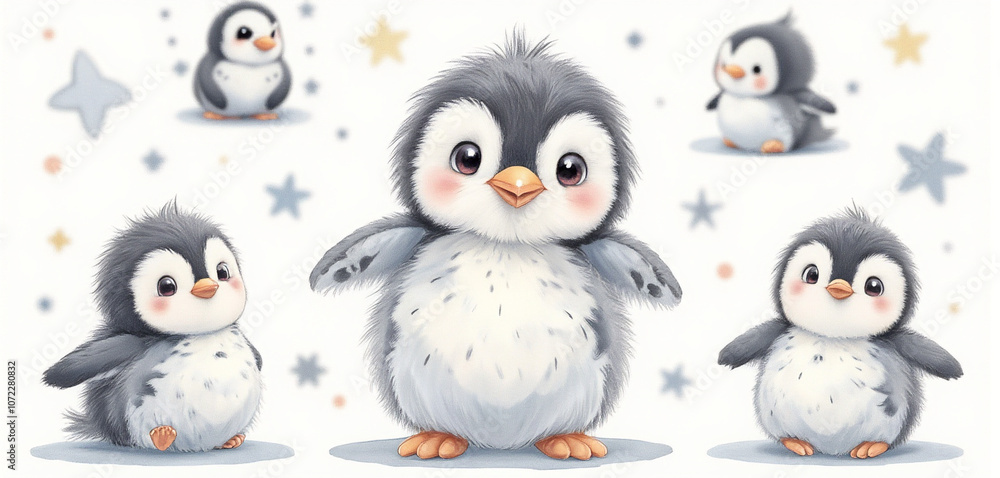 Fototapeta premium Seamless pattern of cute penguins with stars in a whimsical style