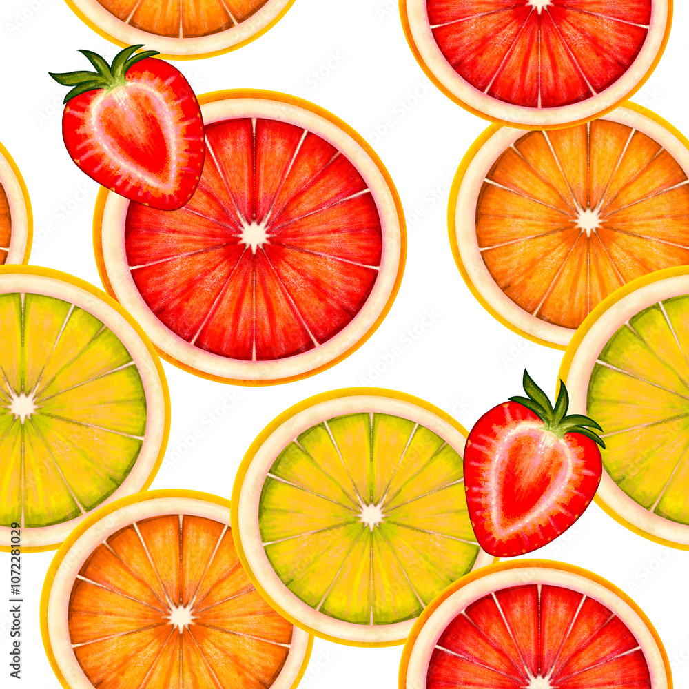 Seamless pattern orange fruit slice Half Citrus illustration tropical fruit exotic hand drawn clip art Gift Paper detailed drawing yellow pink red grapefruit limon Sicilian orange strawberry painting Seamless pattern orange fruit slice Half Citrus illustration tropical fruit exotic hand drawn clip art Gift Paper detailed drawing yellow pink red grapefruit limon Sicilian orange strawberry painting