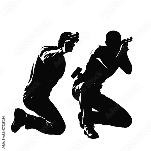 A vector silhouette of a man kneeling and aiming a gun, facing another man who is also aiming back in a tense standoff