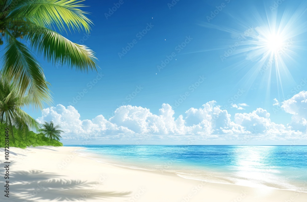 Fototapeta premium Tropical Beach with Palm Trees, Blue Sky, and Shining Sun