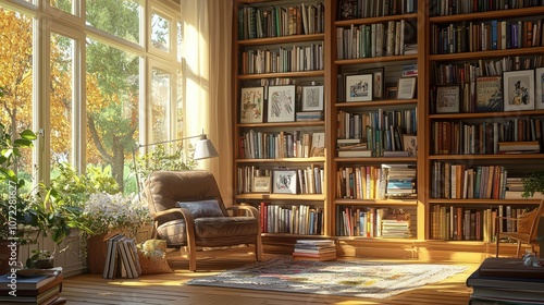 Cozy Home Library with Spacious Bookshelves