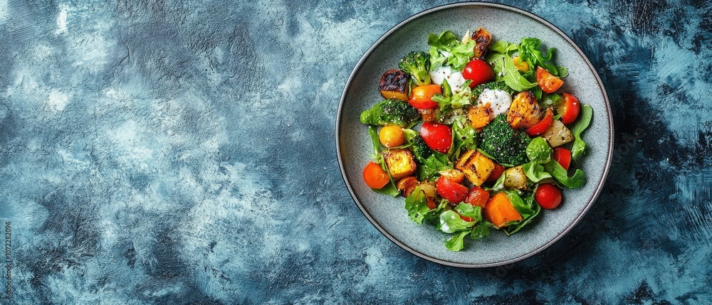 A bowl of salad with fresh vegetables, tomatoes, broccoli, and greens. A bowl of salad with fresh vegetables, tomatoes, broccoli, and greens.