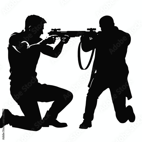 A vector silhouette of a man kneeling and aiming a gun, facing another man who is also aiming back in a tense standoff