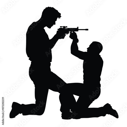 A vector silhouette of a man kneeling and aiming a gun, facing another man who is also aiming back in a tense standoff