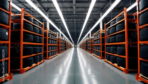 Large, organized warehouse with rows of orange metal shelves filled with black tires under bright fluorescent lights photo