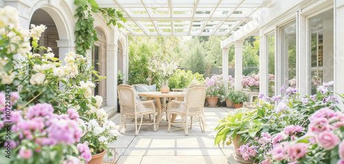 Watercolor garden with blooming flowers and elegant outdoor furniture photo