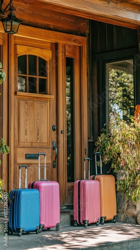 Colorful Suitcases Lined Up at Front Door