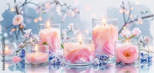 Watercolor candles in glass jars with pink and blue floral accents