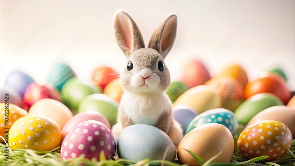 custom made wallpaper toronto digitalA small bunny figurine surrounded by colorful Easter eggs on a bright spring morning
