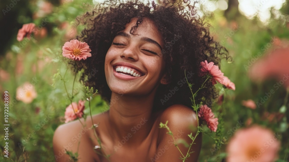 Portrait of a Smiling Woman Surrounded by Flowers Portrait of a Smiling Woman Surrounded by Flowers