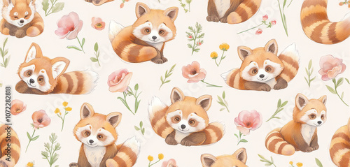 Seamless pattern of red pandas with floral accents in a playful design photo