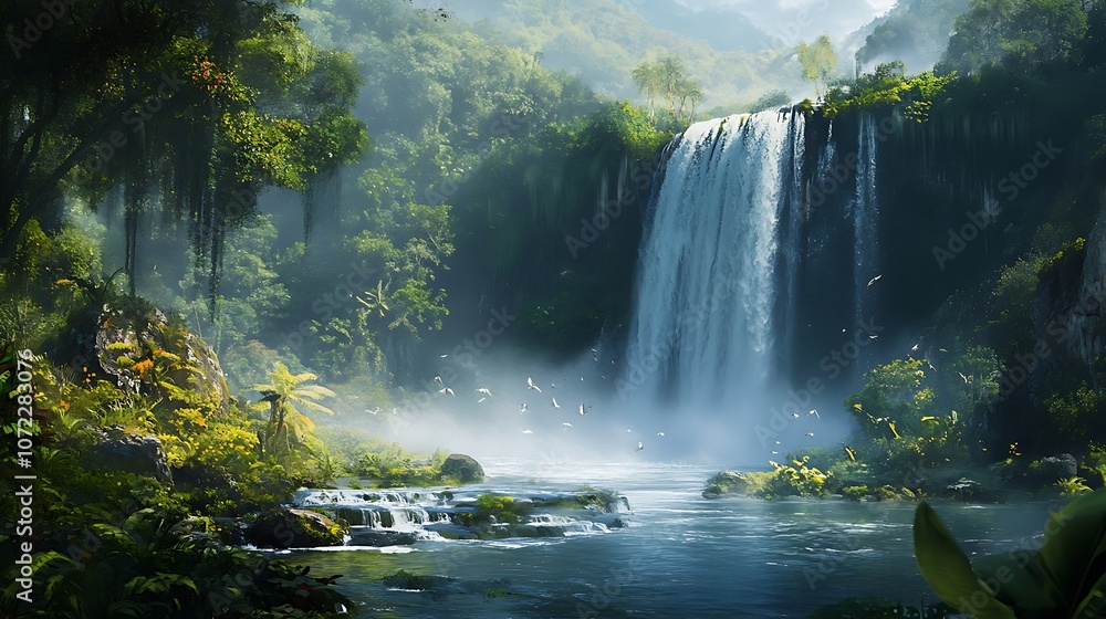 A serene waterfall cascades into a tranquil pool, surrounded by lush greenery and mist, creating a peaceful, natural setting. A serene waterfall cascades into a tranquil pool, surrounded by lush greenery and mist, creating a peaceful, natural setting.