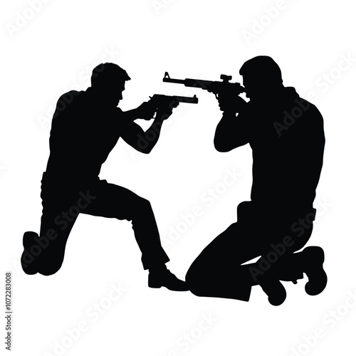 A vector silhouette of a man kneeling and aiming a gun, facing another man who is also aiming back in a tense standoff