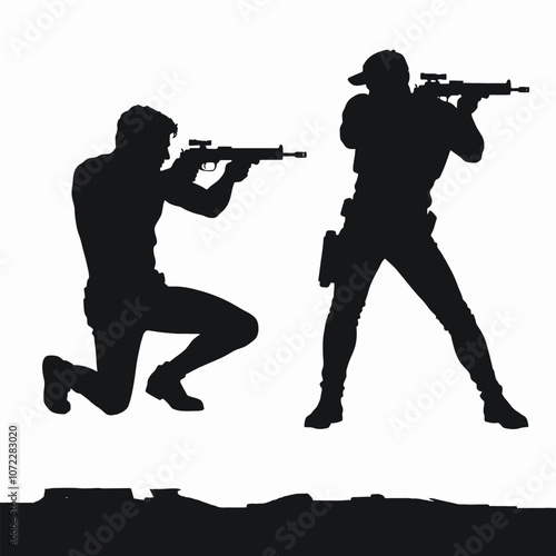A vector silhouette of a man kneeling and aiming a gun, facing another man who is also aiming back in a tense standoff