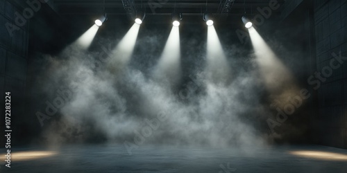 Ultra HD capture of luminous smoke billowing across an empty stage, tungsten white overhead spotlights cutting through haze