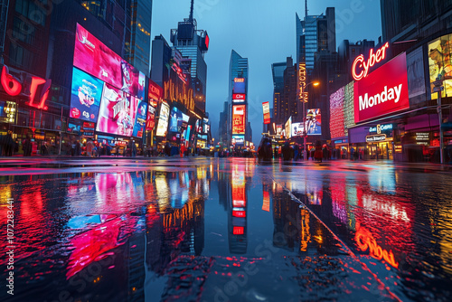 Futuristic city with digital billboards on wet streets