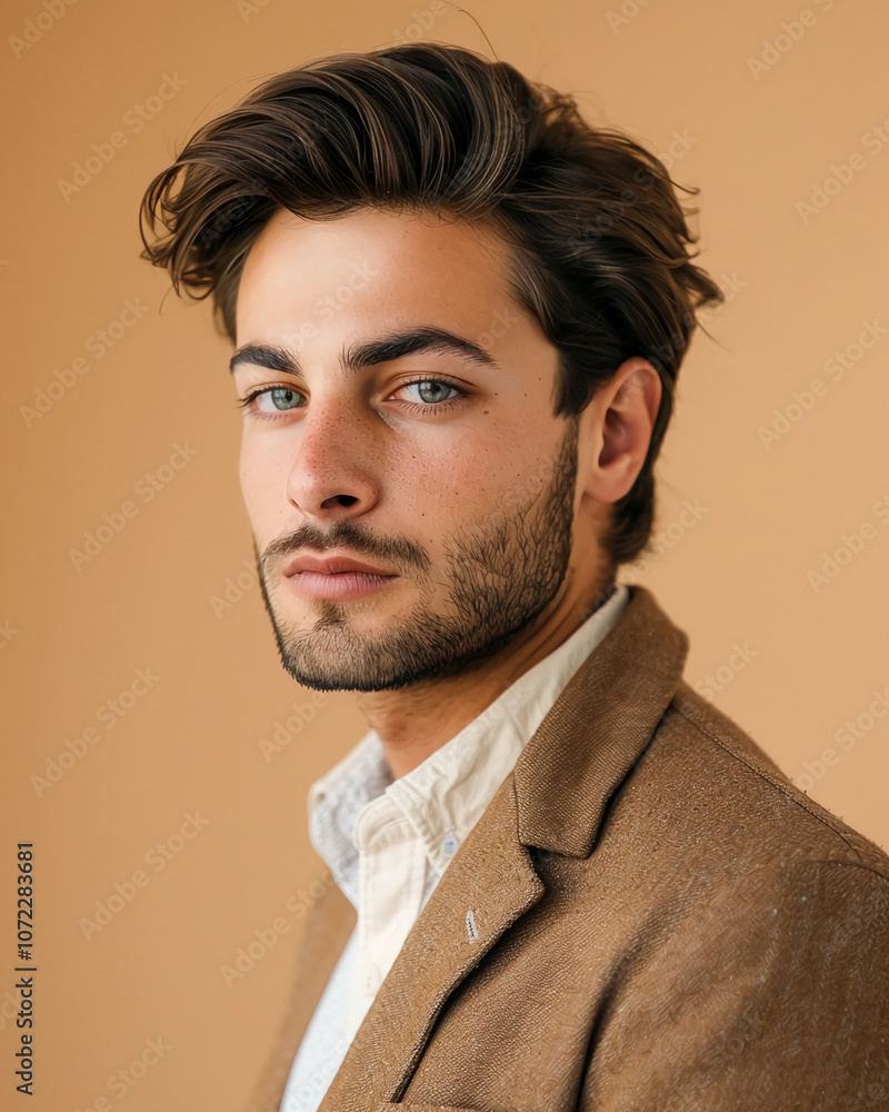 A man with brown hair and a beard looks directly at the camera A man with brown hair and a beard looks directly at the camera