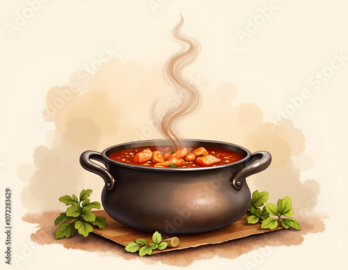  rish beef stew steaming in a black pot surrounded by herbs on a light background
 photo