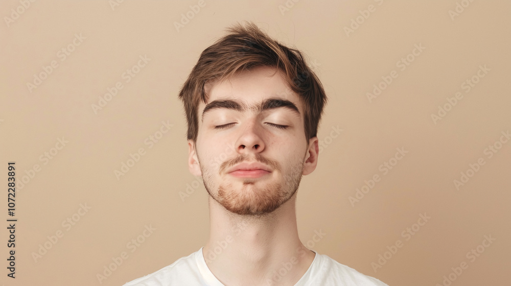 A young man with brown hair and a beard stands in front of a beige background with his eyes closed A young man with brown hair and a beard stands in front of a beige background with his eyes closed