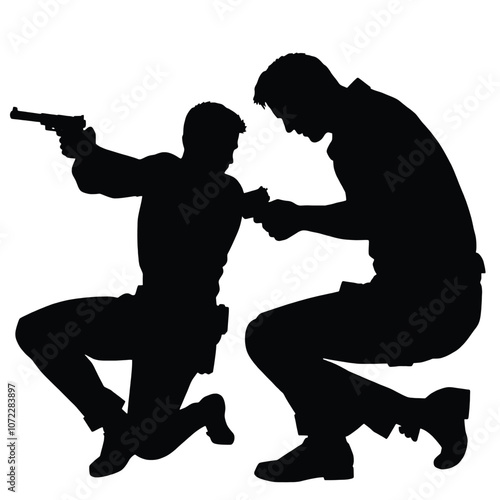 A vector silhouette of a man kneeling and aiming a gun, facing another man who is also aiming back in a tense standoff