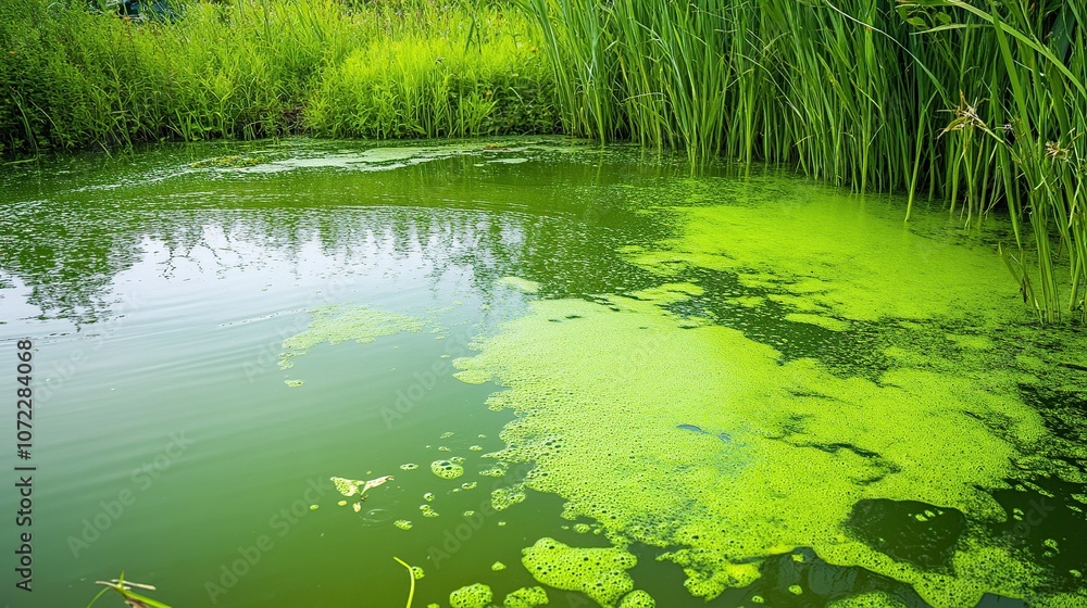 CO2 sequestration in ponds, close-up of ponds with plants and algae absorbing CO2, peaceful natural setting CO2 sequestration in ponds, close-up of ponds with plants and algae absorbing CO2, peaceful natural setting