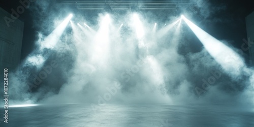 Ultra HD capture of pearlescent smoke billowing across an empty stage, stark white overhead spotlights cutting through haze