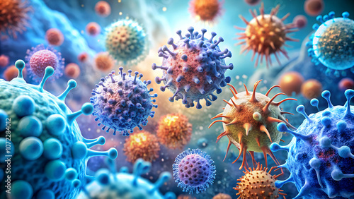 Immune system illustration, macrophages, antibodies, pathogens, bright background, realistic textures, sharp focus, educational, neutral colors, informative