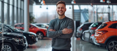 A young man smiling confidently in a car dealership showroom with new cars in the background.