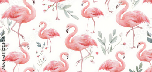 Seamless pattern of flamingos surrounded by tropical leaves and flowers photo