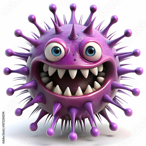 A cartoon-style purple spiky germ with sharp teeth, looking