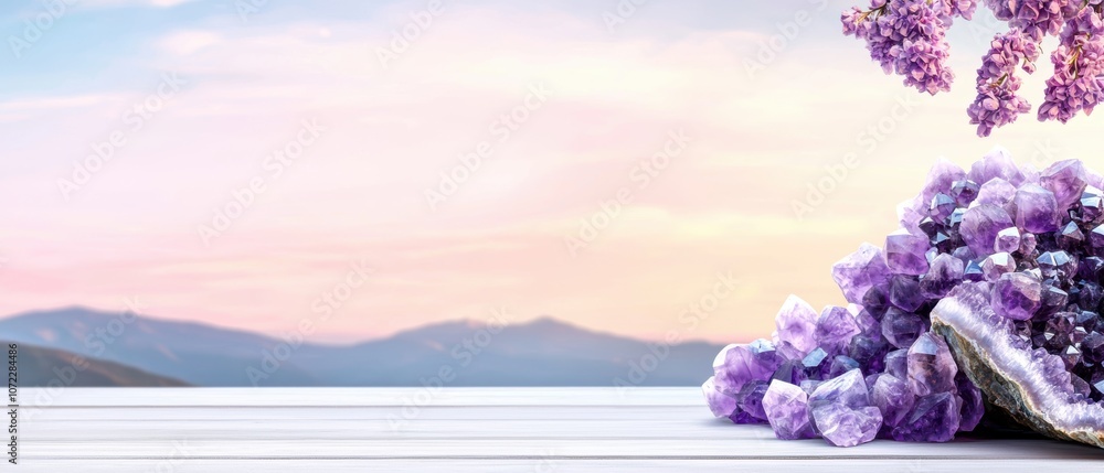 Amethyst geode centerpiece on a table, its rich purple crystals sparkling in natural light Amethyst geode centerpiece on a table, its rich purple crystals sparkling in natural light