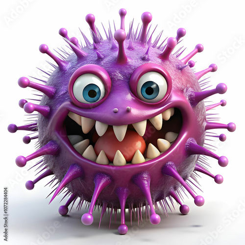 A cartoon-style purple spiky germ with sharp teeth, looking