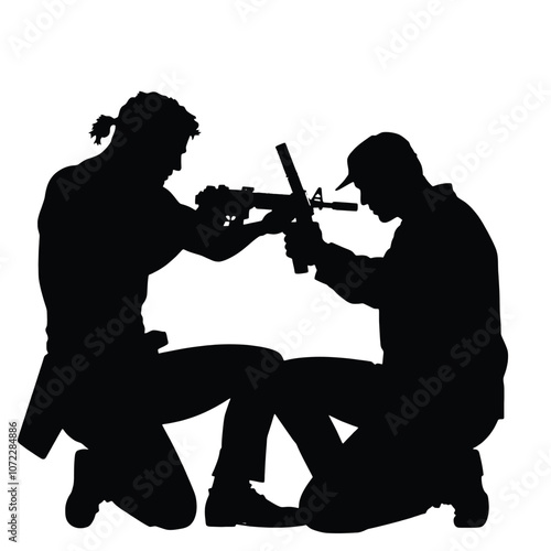 A vector silhouette of a man kneeling and aiming a gun, facing another man who is also aiming back in a tense standoff