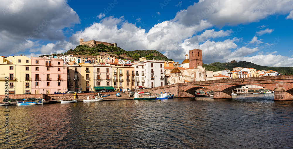 Fototapeta premium Colorful buildings of Bosa with the Castle of Serravalle. Oristano, Sardinia, Italy