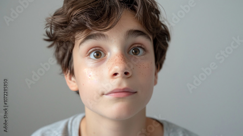 A young boy with brown hair and freckles looks surprised and excited