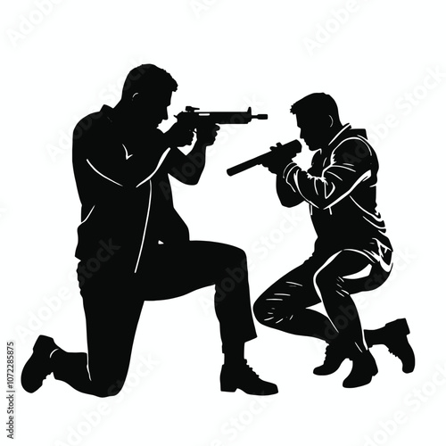 A vector silhouette of a man kneeling and aiming a gun, facing another man who is also aiming back in a tense standoff