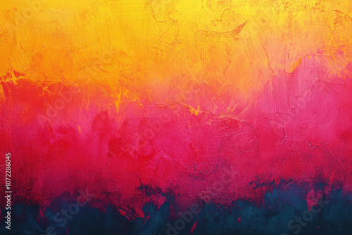 Vibrant abstract painting with gradient of yellow, orange, pink, and blue hues, creating warm and energetic atmosphere