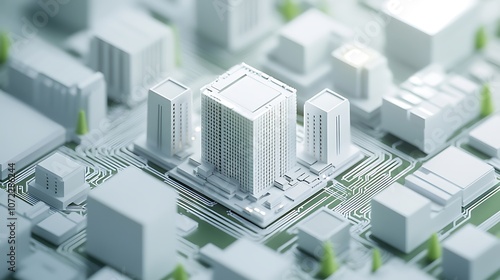 A 3D model of a cityscape with buildings and a circuit-like base, representing technology and urban design.