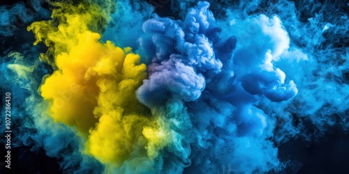 Ultra HD macro shot of fluorescent indigo, electric chartreuse, and brilliant azure smoke explosion, overhead camera angle looking down