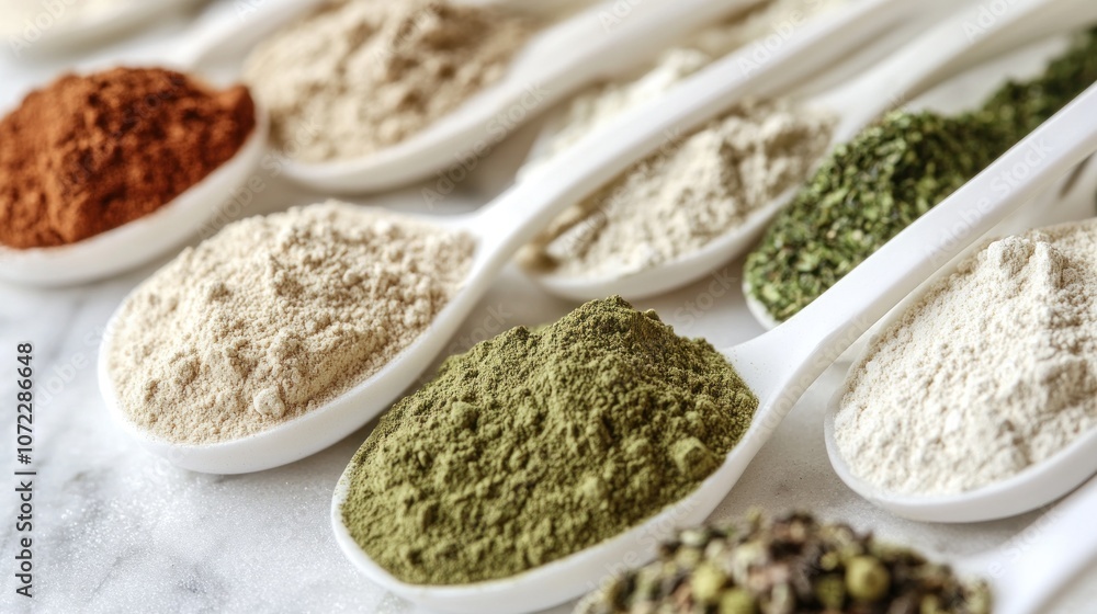 Assortment of Powdered Spices in White Spoons Assortment of Powdered Spices in White Spoons