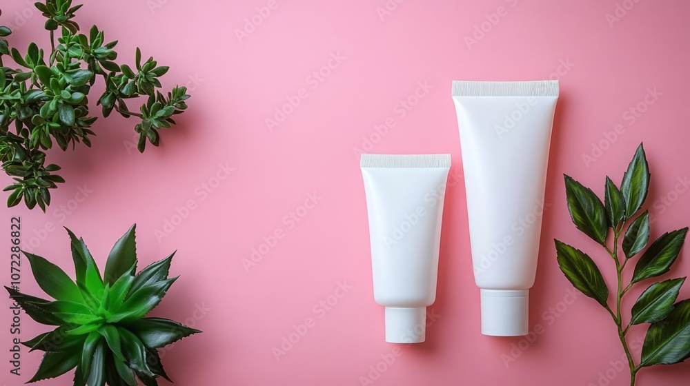 Two white tubes of cream on a pink background with green plants on either side. Two white tubes of cream on a pink background with green plants on either side.