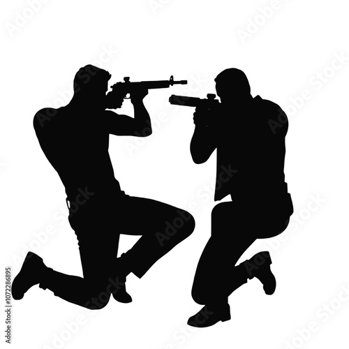 A vector silhouette of a man kneeling and aiming a gun, facing another man who is also aiming back in a tense standoff
