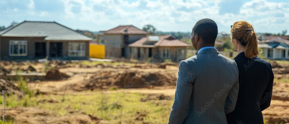 A couple in business attire standing on a piece of land, looking at a newly built neighborhood. A couple in business attire standing on a piece of land, looking at a newly built neighborhood.