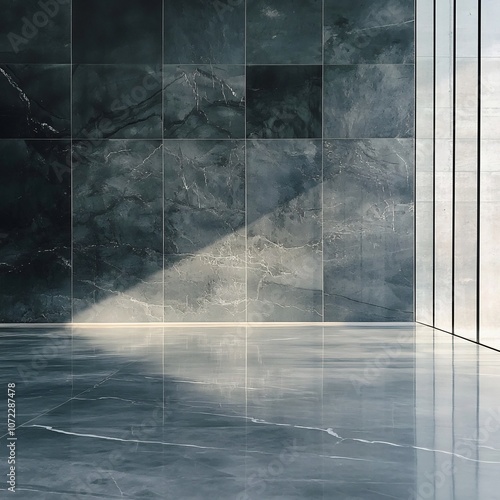 Minimalist Architectural Interior with Expansive Glass Walls and Marble Floor