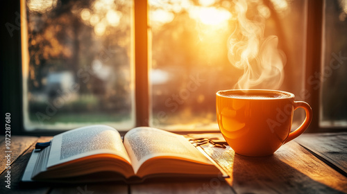 Coffee cup with aromatic steam on a wooden table, next to a book and a notebook, in the background you can see a cozy cafe with light streaming through the window