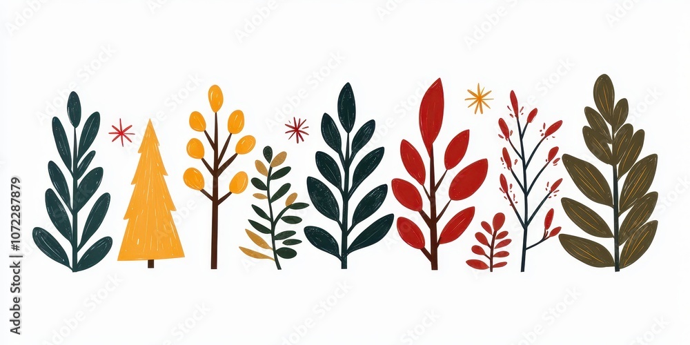 Colorful Collection of Hand-Drawn Trees and Foliage Illustrations, Perfect for Nature-Themed Projects, Cards, and Backgrounds, Shows Unique Leaf Designs Colorful Collection of Hand-Drawn Trees and Foliage Illustrations, Perfect for Nature-Themed Projects, Cards, and Backgrounds, Shows Unique Leaf Designs