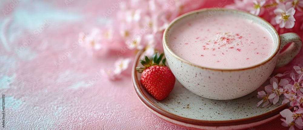 A cup of pink drink with a fresh strawberry and pink flowers on a pink background. A cup of pink drink with a fresh strawberry and pink flowers on a pink background.
