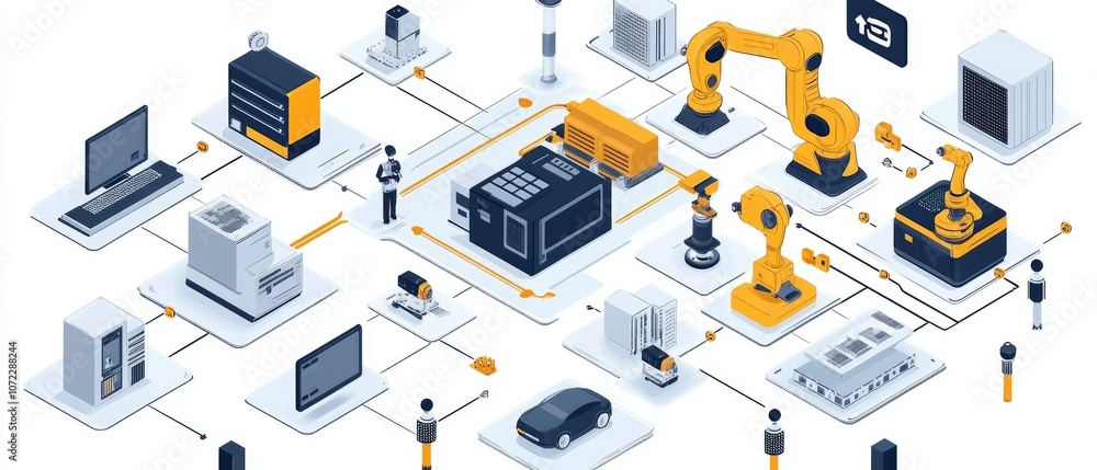 A digital network system with connected robots, servers, and cars. A digital network system with connected robots, servers, and cars.