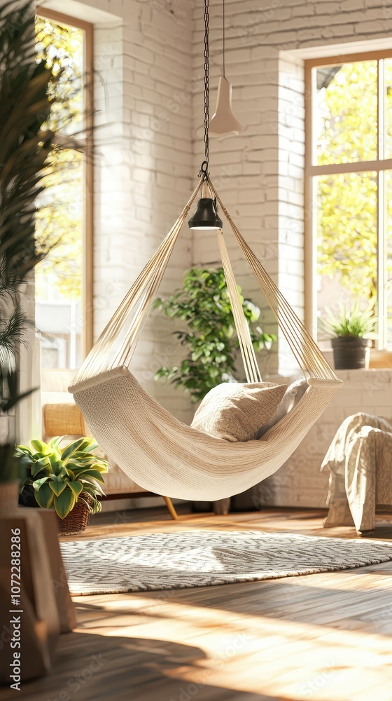 Fototapeta premium Cozy Living Room with Hammock and Plants