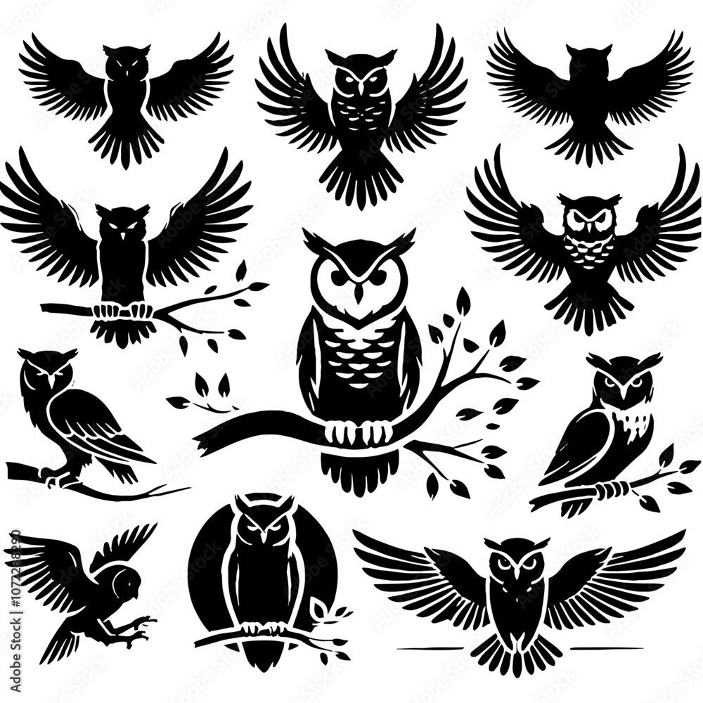 Obraz premium Owl Silhouette Set Black And White 